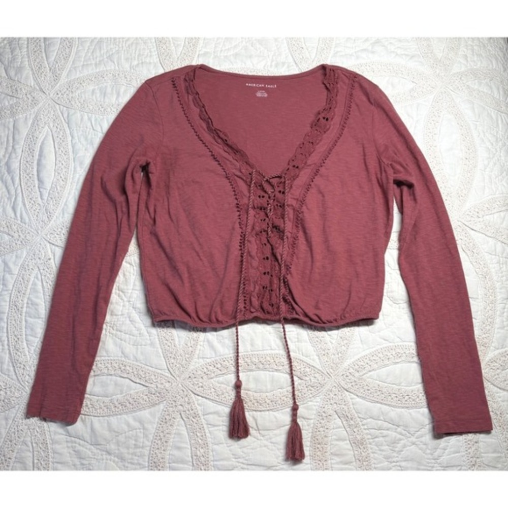 American‎ Eagle Lace Up Eyelet Festival Crop Top Mauve Boho  Cottagecore Small